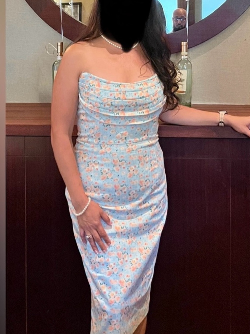 Lavish Alice Strapless Floral Midi Dress in Light Blue size 10